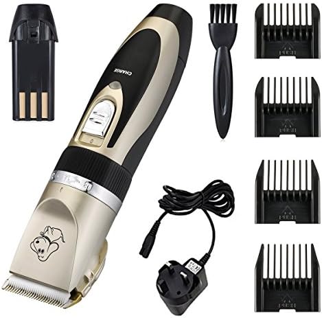Erty Electric Pet Grooming Clippers, 4 Comb Guides Rechargeable Cordless Pet Hair Shaver, with Low Noise Low Vibration, Cordless Pet Fur Grooming Set with Cleaning Brush for Cats and Dogs (Gold+Black)