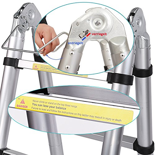 Homdox Klappleiter Anlegeleiter Teleskopleiter mit Rutsch-Gummi Stahl-Sicherungsstiften Mehrzweckleiter Stehleiter Ausziehbar Klappbar 150 kg aus Aluminium (3.8M) - 3