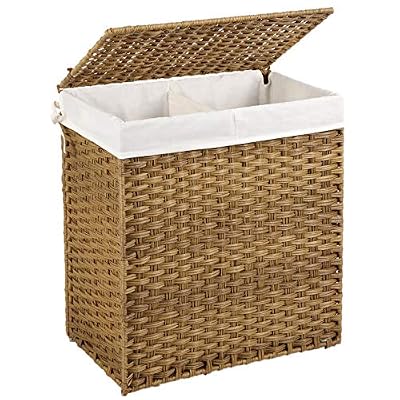 SONGMICS Panier à linge tissé à la main, 110L Corbeille à linge artisanale, en Rotin synthétique, 2 Compartiments, avec Couvercle et Poignées, Pliable, Doublure amovible, Naturel LCB52NL