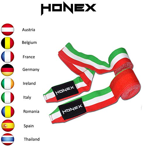 Honex 1 par de Vendas de Boxeo diseño Italiano, elásticas, de 4 Metros de Longitud, Ideales para Boxeo y Artes Marciales Mixtas, de Estilo Mexicano, ultrasuaves y Resistentes, para Hombres y Mujeres
