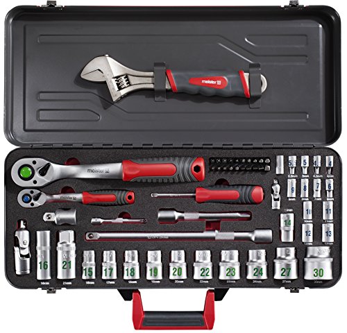 Meister Bit- und Steckschlüssel-Satz 56-teilig ✓ 1/2 + 1/4 Zoll Antrieb ✓ Große Ziffern ✓ Chrom-Vanadium-Stahl ✓ Robuster Metallkoffer ✓ Umschaltknarre | Knarrenkasten | Nusskasten | Ratschenkasten | Profi-Steckschlüsselkasten | Steckschlüssel-Set | 8429200 - 2