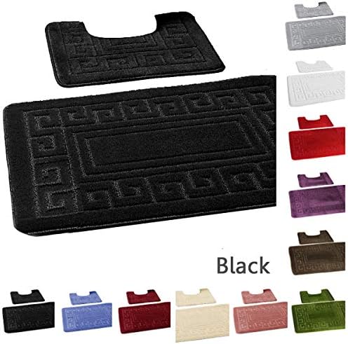 GC Greek Key Style 2 Piece Bath Mat Set Non Slip Rubber Pedestal Toilet Bathroom Rug (Black, 50 x 80 cm)