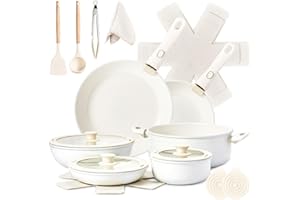 LEADZM Batterie de Cuisine Induction，Casserole Induction，poele，Set de Casseroles et Poêles en Céramique Antiadhésif - 22 Pièces avec Poignées Détachables（blanc cassé）