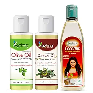 KAZIMA Combo of Olive Oil, Castor Oil and Coconut Herbal Hair Oil for Hair, Skin and Body, 100 ml each