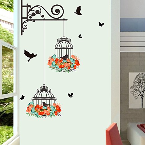 LianLe 25 * 70cm Wall Sticker Adesivo da Parete Gabbia da Uccelli con Fiori Rimovibile Murale per Soggiorno Stanza dei Bambini Camera da Letto