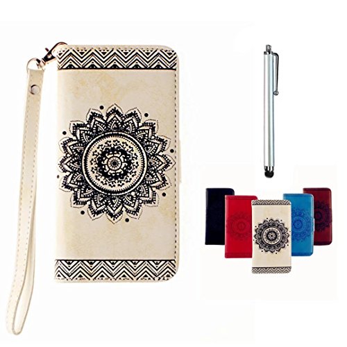 Preisvergleich Produktbild MUTOUREN Schutzhülle Case für Samsung Galaxy S7 Prägung Blumen Geprägte indische Mandala Muster Buch-Stil Bookstyle Handyhülle Schutzhülle Taschen Anti-scratch Bumper et Shock Absorption Magnetverschluss Magnet Etui + Metall Touch-Pen, Retro Weiß