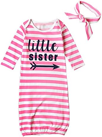 HBER Newborn Baby Girls Little Sister Long Sleeve Stripe Nighties Gowns Pyjama Infant Take Home Outfits with Headband