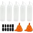 5 Pcs Squeeze Condiment Bottles, Reusable Plastic Sauce Seasoning Bottles Dispensers, 8 oz Squeezy Squirt Bottles for Ketchup Mustard Hot Sauces Oil with Funnel, Sticker Lable - White(250ml)