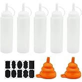 5 Pcs Squeeze Condiment Bottles - 8 oz Reusable Plastic Sauce Dispensers for Ketchup, Mustard, Hot Sauces, Oil With Funnel, S