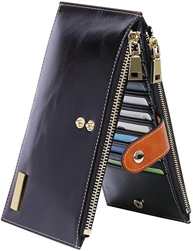 Women RFID Credit Card Holder, Large Capacity Genuine Leather Wallet Clutch Long Purse Business Card Case for Travel Party and Gifts(18 RFID block credit card slots/1 ID Window/2 Zipper Packet)(Black)