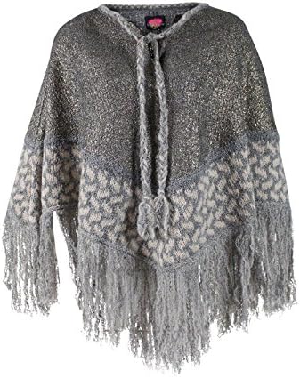 Yippie Hippie Poncho Campo Knitted poncho with fringes Wool sweater Gold accents Gray beige