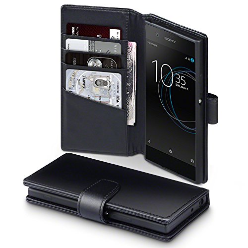 Sony Xperia XA1 Funda Cartera de aut  ntico cuero  tapa delantera con billetera para tarjetas  adaptable en posicion horizontal - Negro oscuro