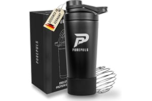 PUREPULS Edelstahl Shaker mit Mix-Ball | Protein Shaker mit 750 ml | BPA-frei & doppelwandig isoliert | Eiskalte Shakes | Auslaufsicherer Eiweiß Shaker für Sportler | Spülmaschinenfest (bis 45°C) Schwarz
