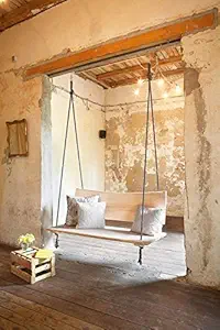 AD Planet Rope Hanging Wooden Hammock Swing Sofa for Living Room | House Swings for Adults | Patio Jhula for Home Indoor, Garden Outdoor & Balcony | Solid Wood, Cream, 36x16x16 Inch