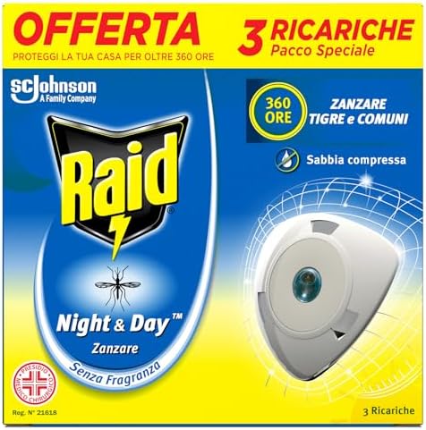 Raid Night & Day Ricarica, Antizanzare e Repellente Zanzare Inodore a Sabbia Compressa, Confezione da 3 Ricariche, Senza Profumo