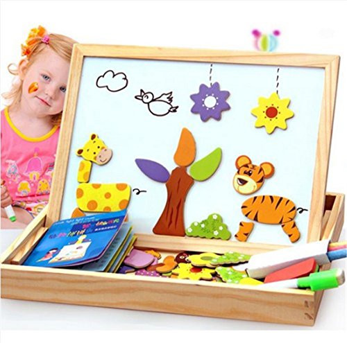 Preisvergleich Produktbild MWZ Baby Lernspielzeug Multifunktionale Educational Farm-Dschungel-Tier Holz magnetischen Puzzle Spielzeug für Kinder Kinder Puzzle Babys Zeichnung Staffelei Brett 3D Holz malen Kreativität Spielzeug ab 3 Jahren (A)