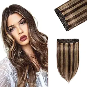 20 inch Clip in Remy Human Hair Extensions One piece Medium Brown mixed Dark Blonde for Women Beauty 8pcs/50g Soft Long Straight (20 #4-27)