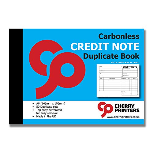 Cherry Carbonless NCR Credit Note - Cuaderno duplicado (A6, 50 juegos)