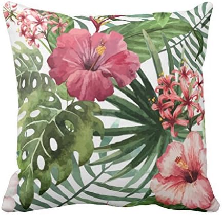 Hawaiin, Hibiscus Tropical Summer Nursery Throw Pillow Cover for Girls Dorm Room Decor Square Canvas Cushion Cover with Zipper 45 x 45cm