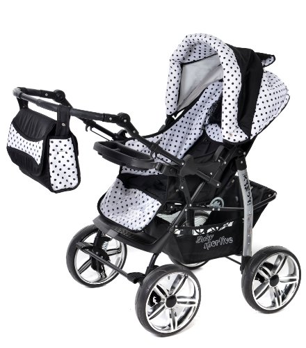 Baby Sportive Kamil, Kombikinderwagen set – incl. Kinderwagen mit Zubehör, Babyschale und Sportwagen Aufsatz. System mit RÄDER NICHT SCHWENKBAR. Reisesystem Farbe: Schwarz und Schwarze Punktmuster - 4