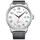 Burei Unisex Quarz Handgelenk Uhren mit Big Face Datum Analog-Anzeige arabischen Zahlen und grau Lederband