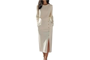 FUPODD Etuikleid Damen Elegant Langarm Kleid Damen Festlich Hochzeit Winter Cocktailkleid Hochzeitsgast Midi Kleider Business Herbstkleid Frauen Lang Mit Schlitz Winterkleid Mit Taschen Partykleid