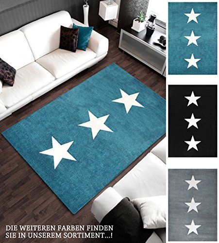 Wohnzimmer Teppich Blau Weiss mit Sternen | Teppiche m. ÖKO-TEX geeignet fürs Kinderzimmer oder Babyzimmer | Flache Kurzflor Läufer für Teenager Jugendzimmer mit Stern-Motiv, Größe:160×230 cm - 6
