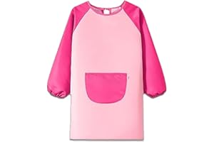 Xuigort 1 Stück Malschürze Kinder, Schule Wasserdicht Malkittel, Einstellbar Bastelschürze, Lange Ärmel für 6-10 Jahre Junge und Mädchen, für Basteln Malen Backen Kochen, Rosa