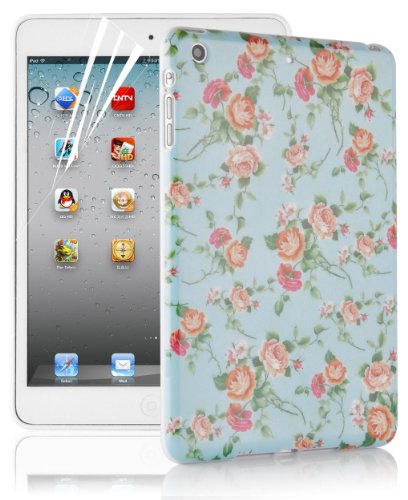 JAMMYLIZARD | Hülle für [ iPad Mini 3., 2. und 1. Generation ] Back Cover aus Silikon mit Vintage Motiv, BLAUES BLUMENMOTIV
