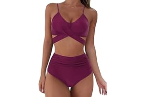 CheChury Mujeres Cintura Alta Bikini de Dos Piezas Sexy Push Up Espalda Cruzada Vendaje Anudado Tops y Retro Pliegues Braguitas Conjunto de Ropa de Playa