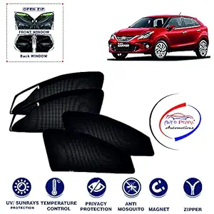 Auto Pearl Zipper Magnetic (Front / Rear) Cotton Mesh Fabric Sun Shades Car Curtain for - Glanza - Set of 4 pcs- (Color Black)