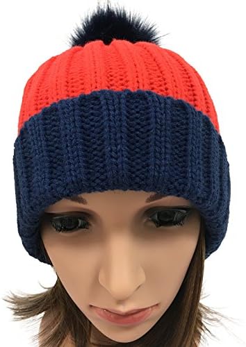 CH11-1Knit Hat, Big Pom Pom Ball For Knitting Hat Women's Winter Knit Baggy Beanie Hat Ski Slouch Caps Baggy Slouchy Crochet Skull Ski Caps (Red/Navy)