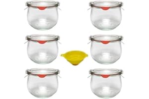 MIKKEN Viva Haushaltswaren G4030500 - Vasetti tondi in vetro per conserve, 6 pezzi, capacità: 500 ml, chiusura meccanica, forma a tulipano, con imbuto in dotazione, colore imbuto: giallo