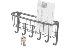 mDesign Wall Organiser – Letter Tray and Key Rack with 6 Hooks for Hanging – Hallway Letter Basket for Letters, Documents and Envelopes – Graphite Grey