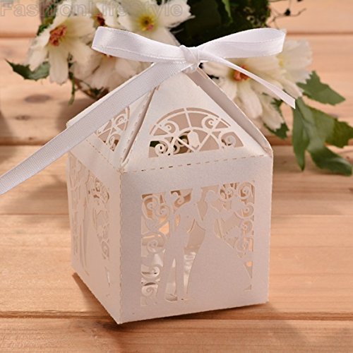 Lavinaya bunte Papierbox mit Motiv Braut und Bräutigam, für Hochzeit, Süßigkeiten, Party, 50 Stück, personalisierbar weiß - 2