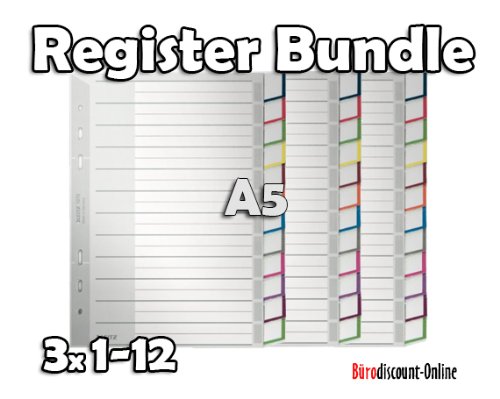 Preisvergleich Produktbild LEITZ Plastikregister Schrägregister (1-12) / 3er Bundle Sparpaket / A5 , Universallochung / Beschriftbares Deckblatt