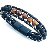 Trend Collection Tiger Eye And Onyx Natural Stone Steel Magnetic Closure Genuine Leather Bracelet