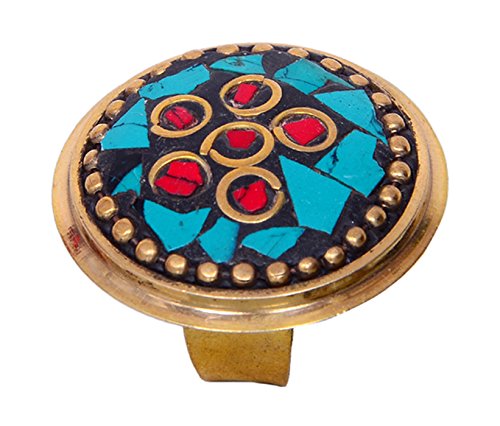 Purpledip Vintage Brass Ring 'Flower Blossom' Brass With Stone Mosaic In Jewelry Gift Box