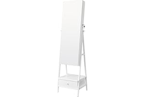 SONGMICS Armoire à Bijoux avec Miroir LED sur Pied, Armoire à Bijoux avec Miroir Pleine Longueur, Organisateur de Bijoux Gain de Place, Tiroir et Étagère, Blanc Nuage JJC025W01