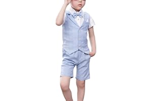 Shengwan 4 Stück Kinder Junge Anzug Sommer Hochzeit Anzüge Weste + Kurzarm Hemd + Kurze Hose + Bowtie Kinderanzug Festlich Outfit