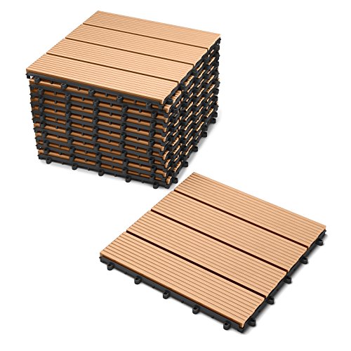 SAM® Terrassen-Fliese aus WPC Kunststoff, 11er Spar Set für 1 m², Farbe teak, Garten-Fliese mit 4 Latten, Balkon Bodenbelag mit Drainage Unterkonstruktion, Klick-Fliesen, FSC® 100% zertifiziert