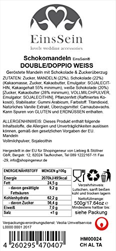 500g Hochzeitsmandeln Gastgeschenke Double weiß Schokomandeln griechisch EinsSein® Hochzeit Zuckermandeln Schokomandeln Bonboniere Bonbons Schokotafeln ohne organzasäckchen Dragees Taufe Taufmandeln - 2