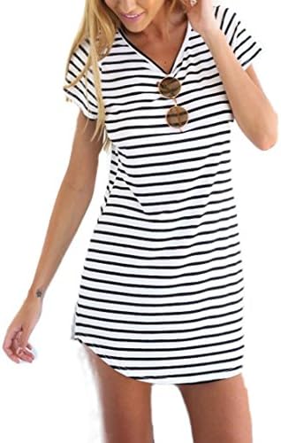 Handlife2015 Women Crew Neck Short Sleeve Striped Loose T-Shirt Mini Dress (S) White