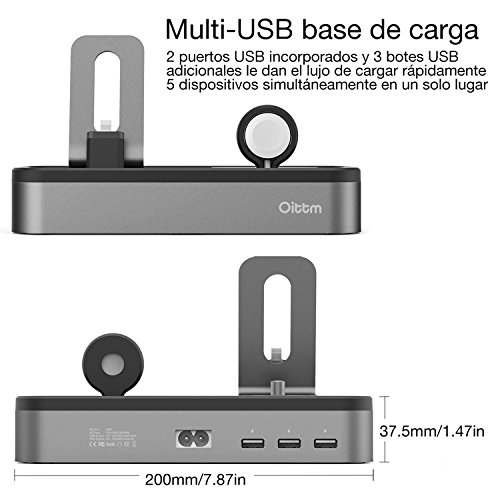 Oittm 5 Puerto USB Soporte Carga para Apple Watch Series 3   Apple Watch Series 1   Apple Watch Series 2   Apple Watch Nike    iPhone 7   iPhone 8   iPhone X   iPhone 8 Plus   iPhone 6 Plus   iPhone 6S Plus   iPhone 7 Plus   iPhone 6S   iPhone 5S   iPhone SE   iPad Mini   iPod   Apple Pencil   Siri Remote  Gris 