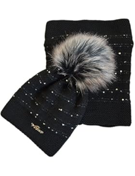 Damen Strickmütze & Loop mit großer Kunstfell Bommel 162