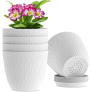 StyleX Store Plastic Round Flower Pots with Drainage Hole Saucers | Durable Outdoor Indoor Wave Pattern Planters with Tray | Plant Containers for Garden, Office, Balcony and Home (Set of 5, White)