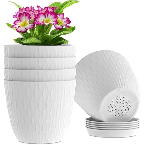 StyleX Store Plastic Round Flower Pots with Drainage Hole Saucers | Durable Outdoor Indoor Wave Pattern Planters with Tray | Plant Containers for Garden, Office, Balcony and Home (Set of 5, White)