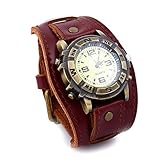 YHLU Herren Armband Lederarmband, mit verstellbare Vintage Manschette Armbanduhr, Unisex 10 Zoll,Red