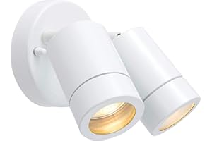 National Lighting IP44 Rated Outdoor Twin Spotlights, Gloss White Steel Adjustable Tilt Outside Lights, Mains Powered Security Spot Lights, 2X 7W 240V LED GU10 (Not Included)