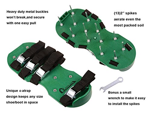 Kitclan 4 Riemen Rasenlüfter Schuhe, Rasenbelüfter Sandalen 5 cm Lange Bodennägeln für Haus und Garten (1 Paar ) Grün - 2